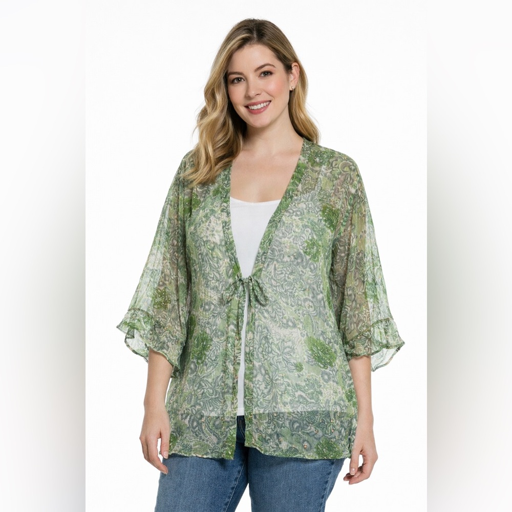 Ulla Popken Sheer Boho Kimono Top 16/18 Green Embellished Lightweight Cardigan